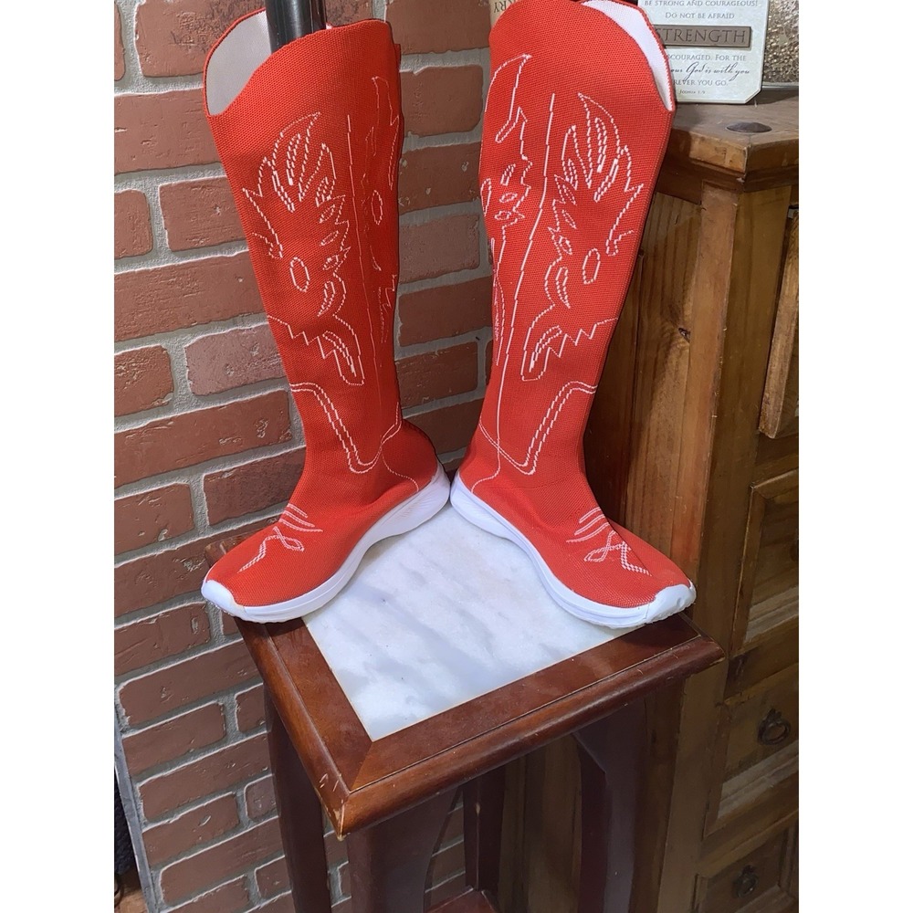 Red Knit Cowboy Sock Boots Western Stretch Pull On Chunky Sole Women's Sz 9